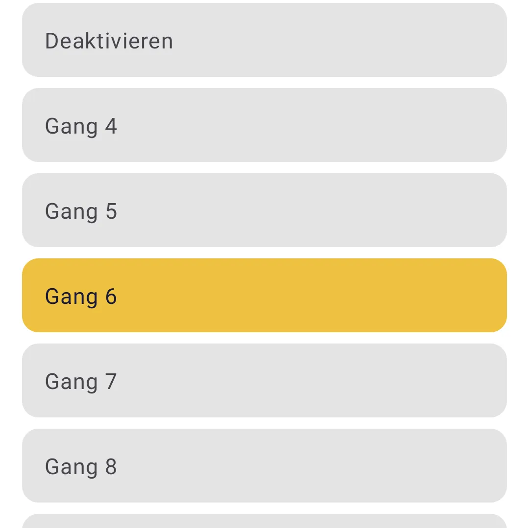 Die App-Seite Auto-Downshift einstellen: Deaktivieren oder Gang 4 bis 9, hier Gang 6 gewählt