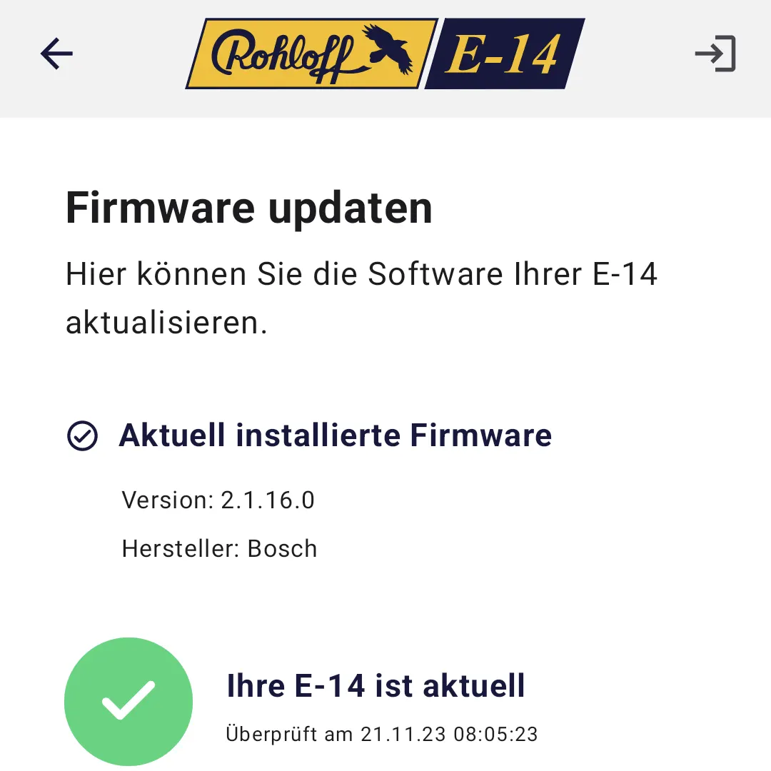 Nach dem Update: aktuell installierte Firmware 2.1.16.0 und der grüne Haken „Ihre E-14 ist aktuell“