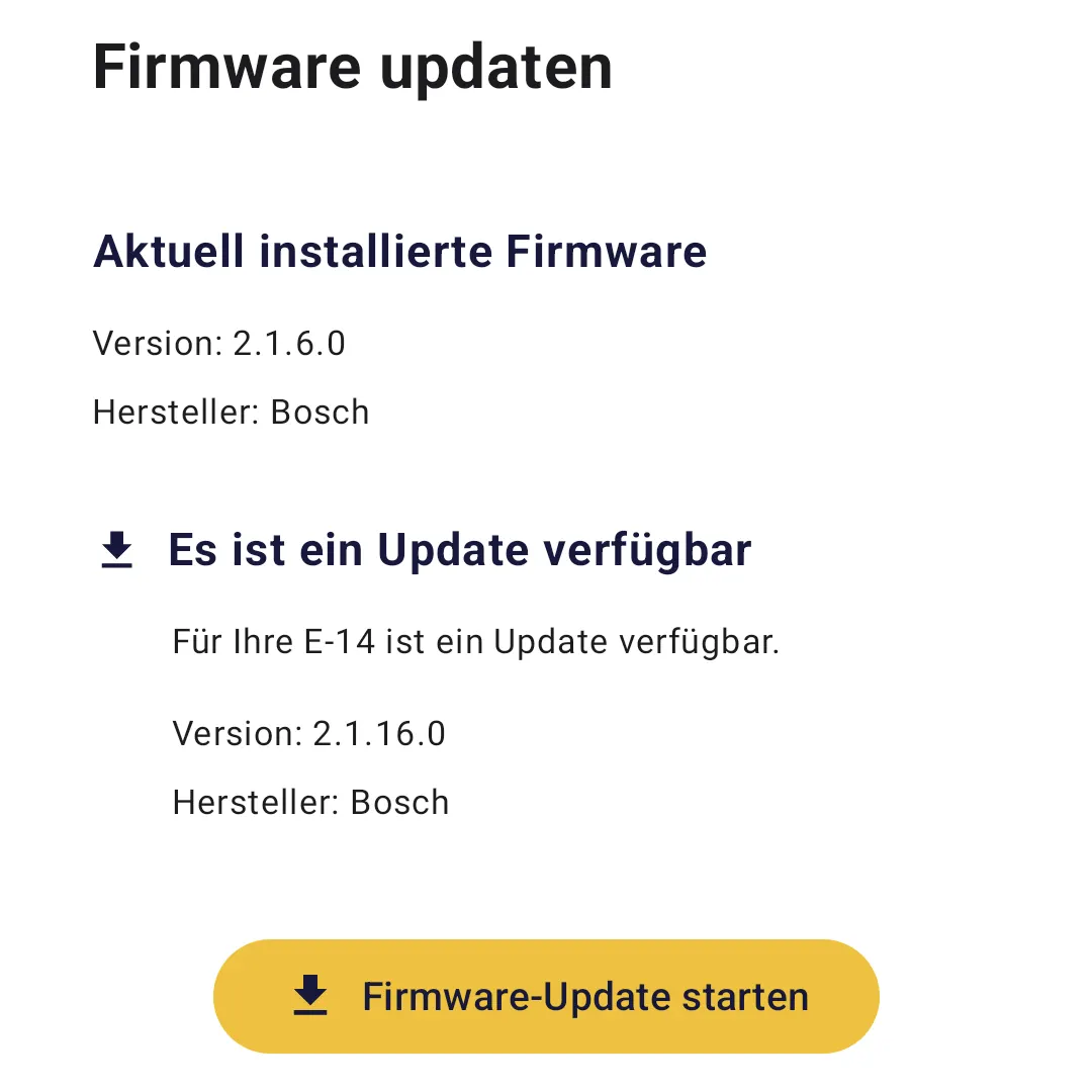 Firmware updaten: installierte Version 2.1.6.0, darunter „Es ist ein Update verfügbar“ mit Version 2.1.16.0 und der Taste Firmware-Update starten