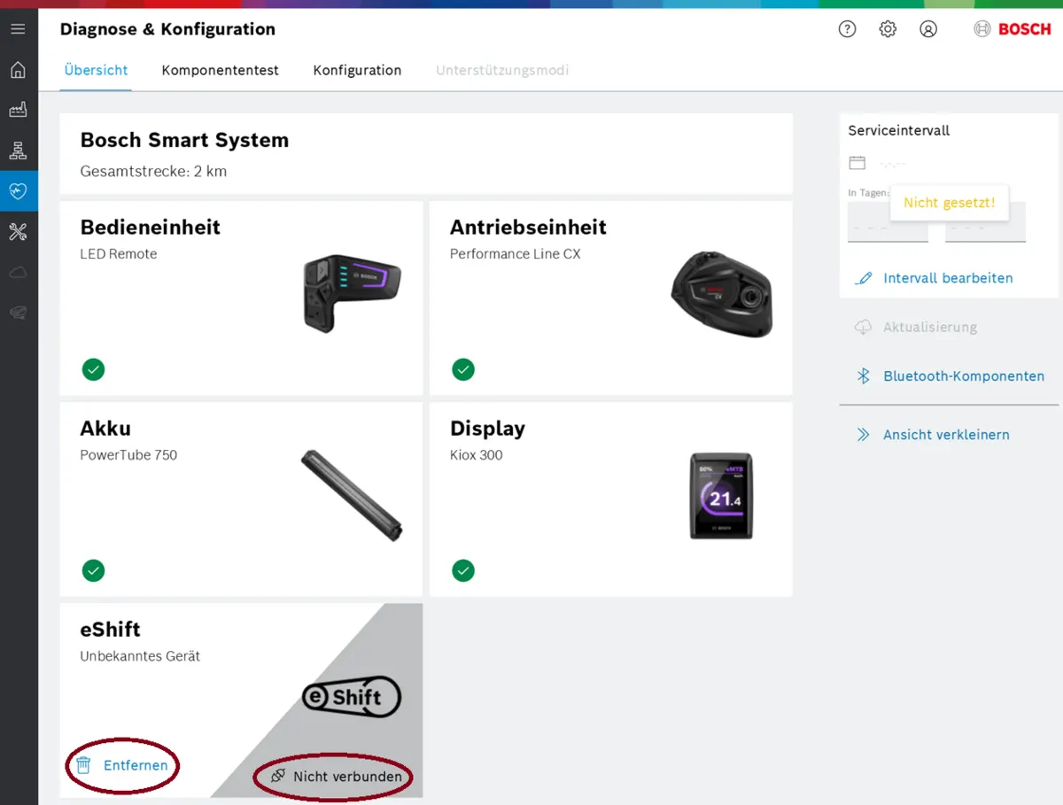 Bosch DiagnosticTool, Diagnose & Konfiguration: eShift mit dem Status „Nicht verbunden“