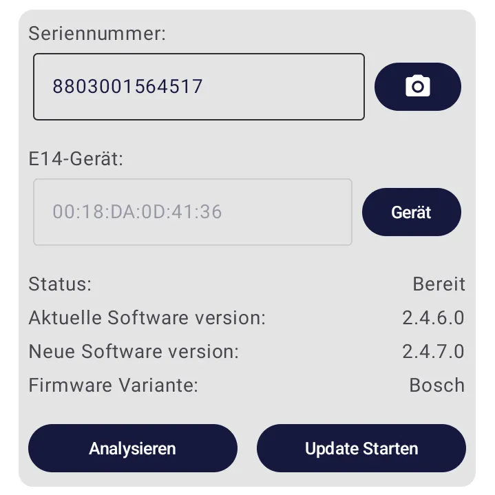 Classic-App: aktuelle Softwareversion 2.4.6.0, neue 2.4.7.0, darunter Analysieren und Update starten