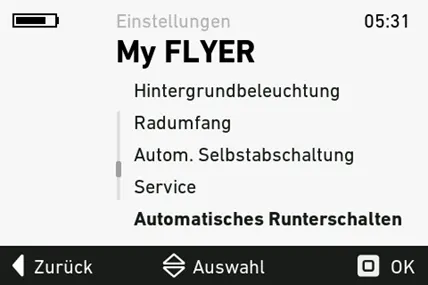 Das FLYER-Menü My FLYER mit dem Punkt Automatisches Runterschalten