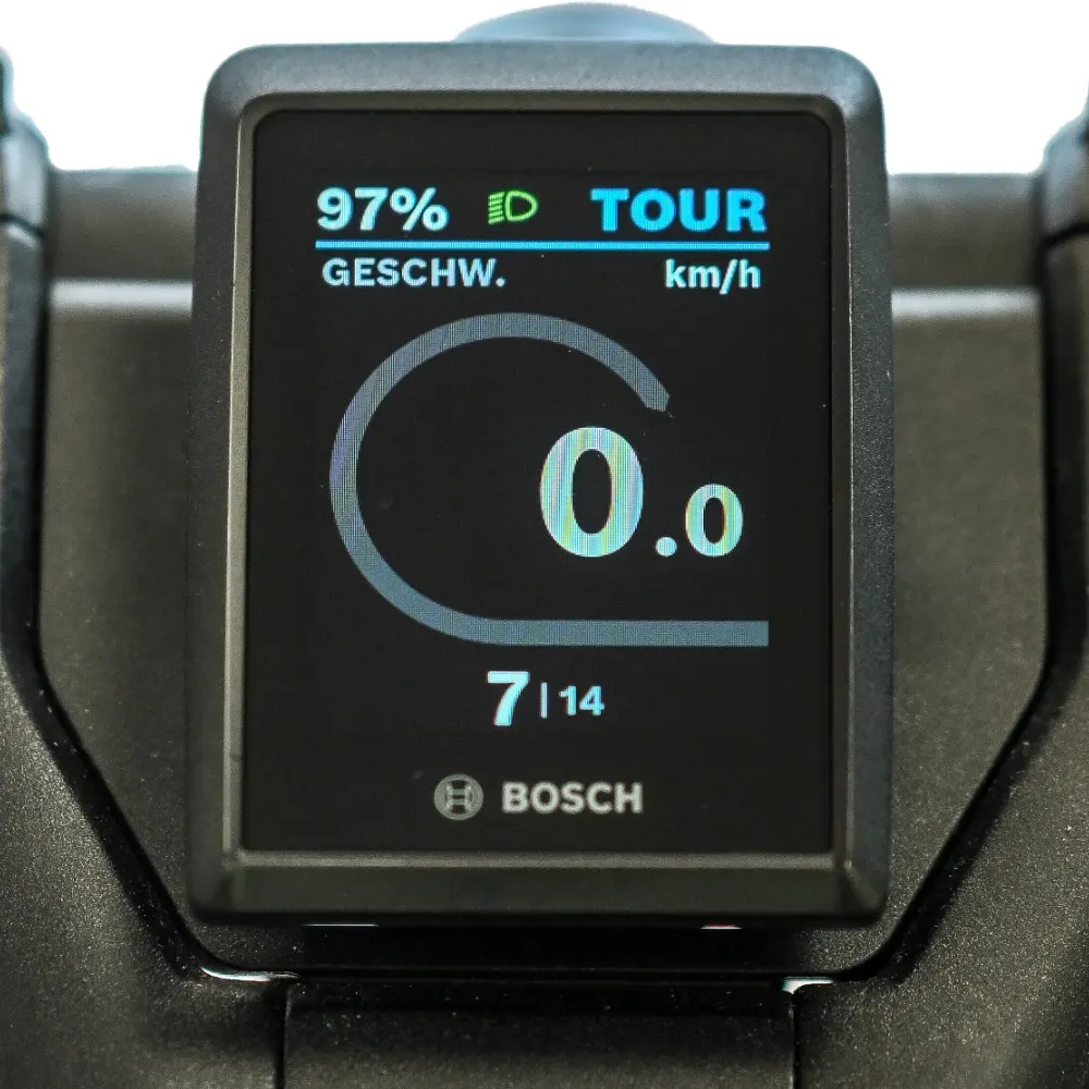 Ein Bosch-Kiox-Display mit dem Gang 7|14 unter der Geschwindigkeit